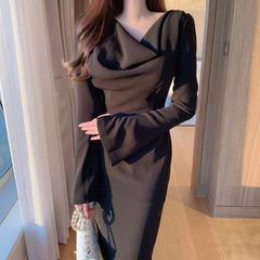 Korean Chic Elegant Pile Collar Women Dress Slim Wasit Package Hip Flare Sleeve Robe 2022 Spring Office Lady Vestidos Mujer