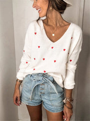 Fitshinling V Neck Embroidery Heart Sweater