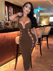 Taruxy 2022 Summer Women Dress Black Knitted V-Neck Hollow Out Bodycon Long Dresses Femme Y2K Sexy Bandage Party Dress Vestidos