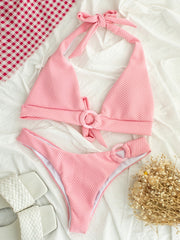 Hot Pink Brazilian Bikini Sexy Halter Ring High Cut Leg Rise Swimsuit Women Textured Swimwear 2022  Swim Bath Suit Beach Summer