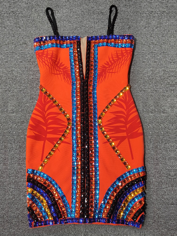 Ailigou 2022 New Women&#39;s High Quality Orange Slip Hand-Beaded Shiny Rayon Bandage Dress Elegant Club Party Dress VestidosAiligou