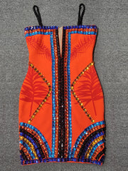 Ailigou 2022 New Women&#39;s High Quality Orange Slip Hand-Beaded Shiny Rayon Bandage Dress Elegant Club Party Dress VestidosAiligou