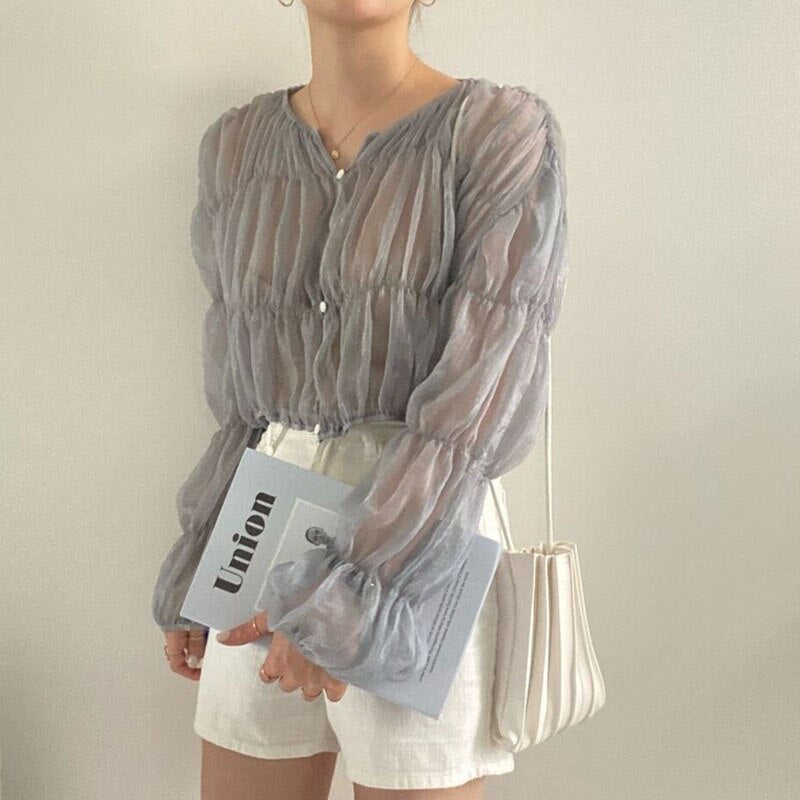 Korean Fashion Pleated Casual Blouse Women Summer New Loose Folds Perspective Chiffon Shirt Long Sleeve Tops Blusas Mujer 15624