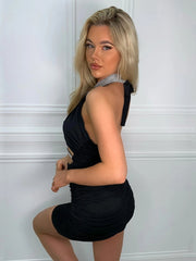 Cryptographic Fashion Glitter Halter Sexy Backless Mini Dress Women Summer Club Party Sleeveless Cut Out Bandage Dresses Clothes