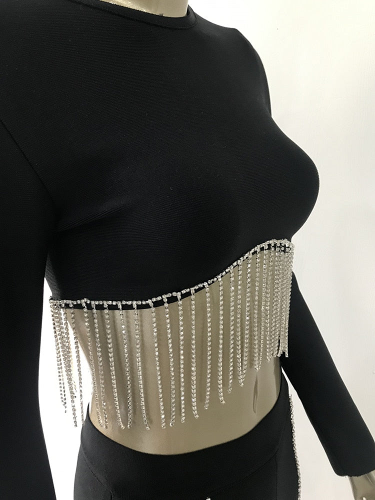 Women Winter Sexy Long Sleeve Black Tassel Crystal Sparkly Two Piece Bandage Set 2022 Celebrity Designer Fashion Women&#39;s Set