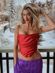 NewAsia Corset Top Boned Strapless Ruched Zipper Red Crop Tank Top Women Ladies New Year Party Vest Sexy Cami Fashion Club Wear