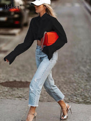 Bclout Casual Crop Top Women Blouses Fashion Turn Down Collar White Shirt Flare Sleeve Blouse Female Autumn Sexy Ladies Tops