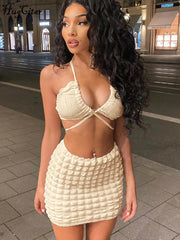 Hugcitar Solid Halter Draped Bandage Crop Top Skirts 2 Pieces Set 2022 Summer Women Fashion Elegant Slim Outfits Holiday Party