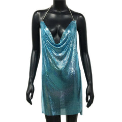 Backless Sequin Short Dress Metalic Split Mesh Low Cut Mini Dress