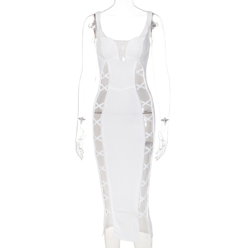 Taruxy 2022 Summer Women Dress Black Knitted V-Neck Hollow Out Bodycon Long Dresses Femme Y2K Sexy Bandage Party Dress Vestidos