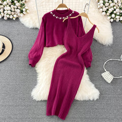 Elegant Slim Two Piece Sets Sweater Dress High Waist Knitted Ensemble Long Dress