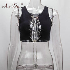 ArtSu Red Black White Metal Chain Sleeveless Crop Top Sexy Clubwear Women Adjustable Lace Up Hollow Out Tank Tops Tees Camisole