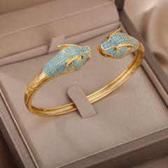 Blue Crystal Cuff Bracelet Double Leopard Design Bracelet