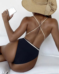 Plain Ribbed Lace Up Plunging One-Piece Swimsuit