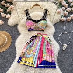 2022 Summer New Short Strapless Suspender Vest High Waist Pleated Skirt Two Piece Set