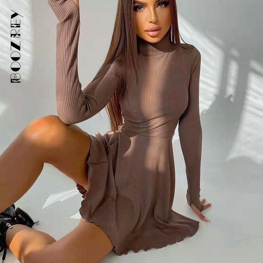 BoozRey Elegant Solid Dress for Women Long Sleeve Knitted Bottoming A-line Pleated Skirt Casual Streetwear Turtleneck Dress Girl