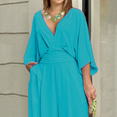 Jumpsuit Short Bat Sleeve V Neck Backless Nipped Waist Loose Wide Legs Casual Pants Romper