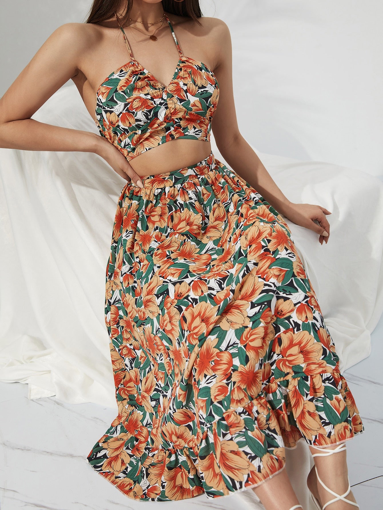 KEBY ZJ Summer Boho Bikini Set Dress Chic Women Elastic Waist Two Pieces Skirt with Female Beach Holiday Floral Print Midi Sets