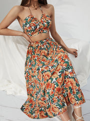 KEBY ZJ Summer Boho Bikini Set Dress Chic Women Elastic Waist Two Pieces Skirt with Female Beach Holiday Floral Print Midi Sets