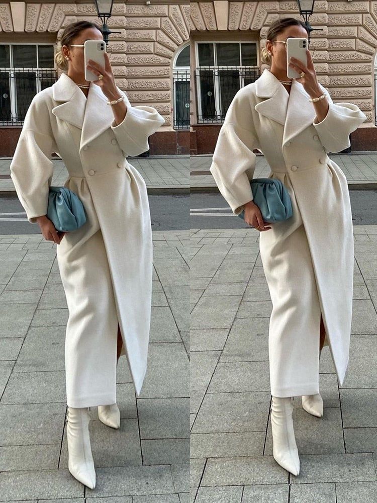Autumn Women Woolen Coat Thick Lapel Lantern Sleeve Office Lady Long Jackets Double-Breasted New in Outerwears Female Coats