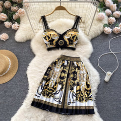 2022 Summer New Short Strapless Suspender Vest High Waist Pleated Skirt Two Piece Set
