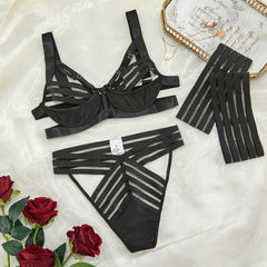 MIRABELLE Sexy Lingerie Cut Out Bra Set 3-Piece Women&#39;s Underwear Black Exotic Costumes Transparent Bandage Porn Erotic Lingerie