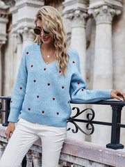 Fitshinling V Neck Embroidery Heart Sweater