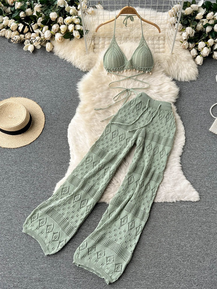SINGREINY Women Summer Design Knitted Set Sexy Backless Halter Short Tops+Chic Hollow Knitted Wide Leg Long Pants Two Piece Suit