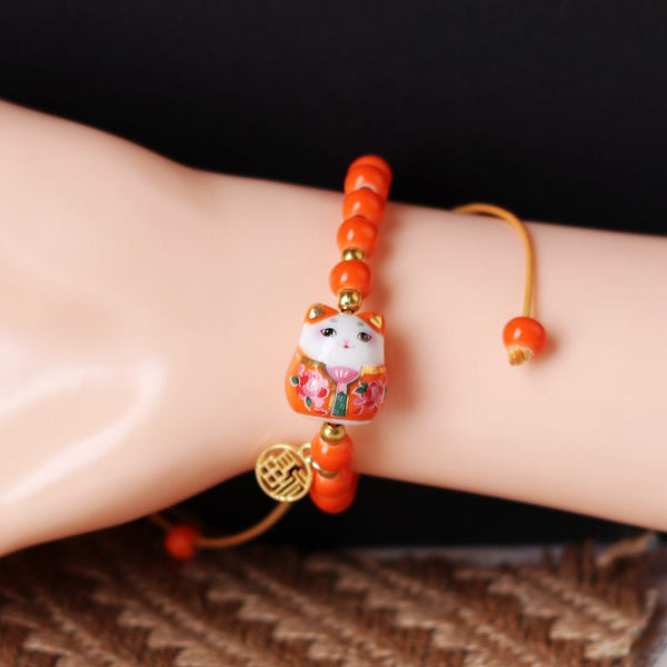 Chinese Style Cute Ceramic Fortune Cat Fu Bracelet Kawaii Fortune Wish Men Women Red String Bracelet Fashion Jewelry