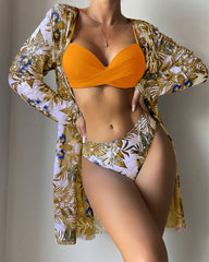 Floral Print Bikini Set - Low Waist Twist Swimsuit Long Sleeve Cover Up Three Pieces Beach Bathing Suit