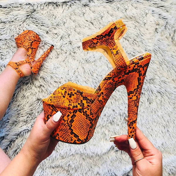 Snake print Open toe super high with sandals nightclub pole dance shallow mouth Platform