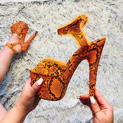 Snake print Open toe super high with sandals nightclub pole dance shallow mouth Platform