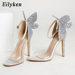 Eilyken 2022 New Summer Ankle Buckle Strap Sandals Shoes Fashion Bling Open Toe Cover Heels Woman Sequins PVC Transparent shoes