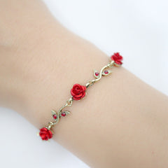 Vintage Red Rose Flower Necklace Bracelet Earring Jewelry Set Tassel Earring Clavicle Chain