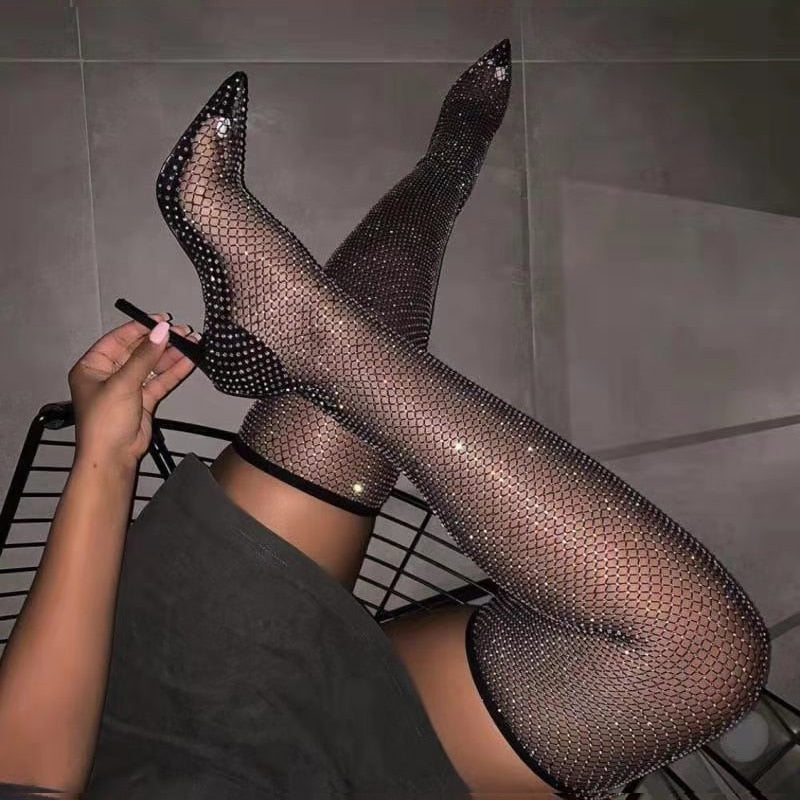 Mesh Crystal Over-The-Knee Boots Fashion Full Drill Sexy Pointed High Heels