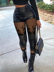Fashion Spring Women Contrast Mesh PU Leather Skinny Pants 2022 Sexy Femme High Waist Buttoned Trousers Lady Club Clothing y2k