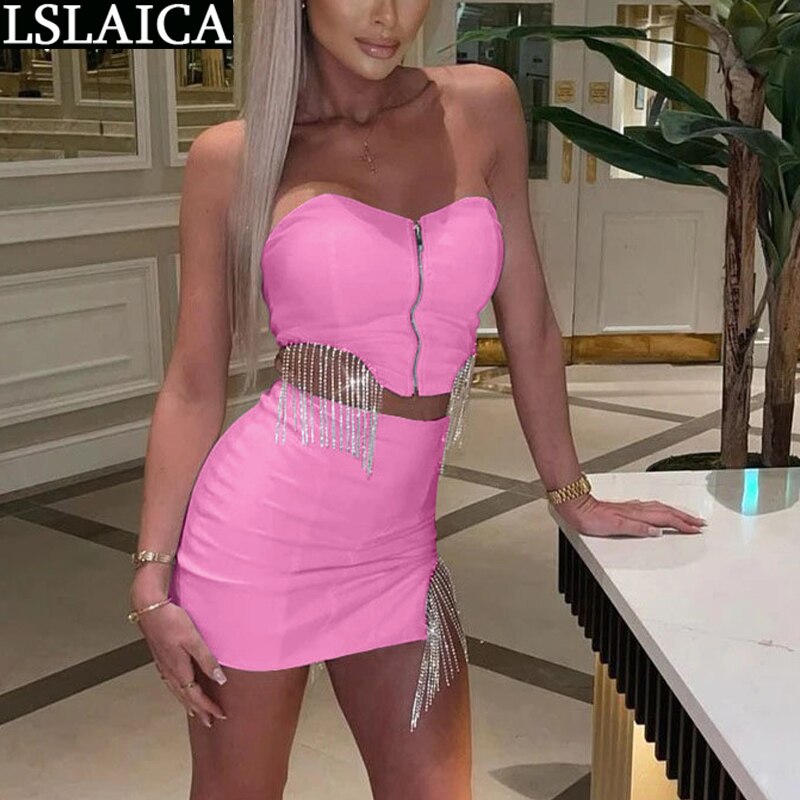 Sexy Two-piece Short Skirt Fringed Diamond Wrapped Chest 2 Piece Sets Casual Sleeveless Sexy Style Night Club Fashion Clothing