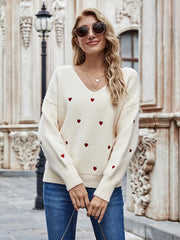 Fitshinling V Neck Embroidery Heart Sweater