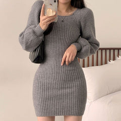 Square Collar Long Lantern Sleeve Above Knee Bodycon Dress