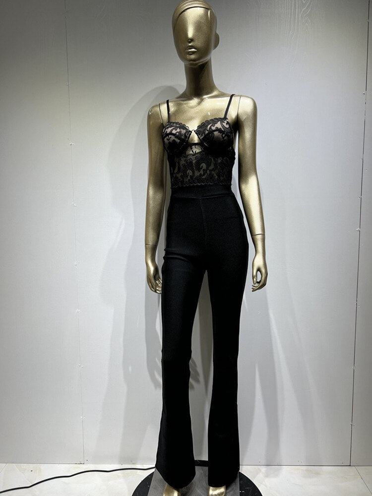 Women Summer Style Sexy Sleeveless Backless Lace Black Bodycon Bandage Jumpsuit 2022 Celebrity Designer High Street Rompers