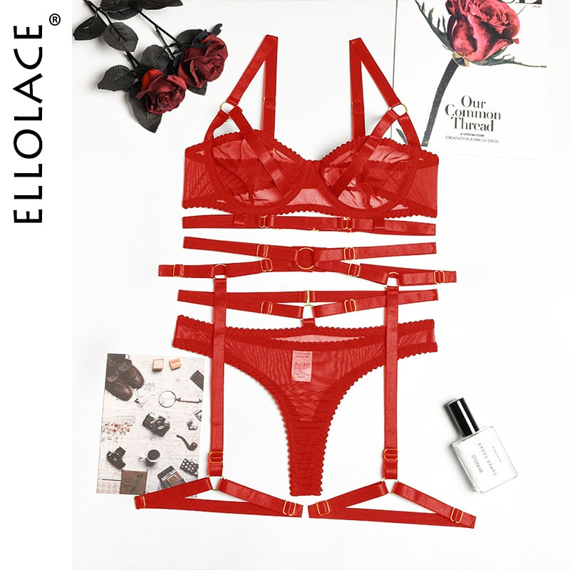 Ellolace Sensual Lingerie Transparent Bra Bandage Exotic Costumes Sexy Porn Outfits 4-Piece Garters Sissy See Through Underwear