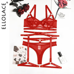 Ellolace Sensual Lingerie Transparent Bra Bandage Exotic Costumes Sexy Porn Outfits 4-Piece Garters Sissy See Through Underwear