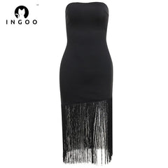 INGOO Black Fringe Sexy Tube Dress Bodycon