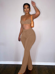 Hugcitar Stripe Ribbed Women 2 Piece Set Lace Up Ruched Camis Crop Top Bell Flare Pants Suit Matching Outfits Sportswear Club