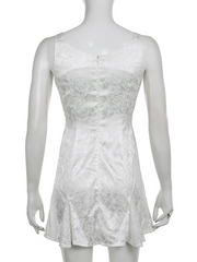 Articat Satin Lace Sheer White Slim A-line Tank Mini Dress Women Sexy V-Neck Printing Silk Suspender Dress 2023 Spring New OOTD