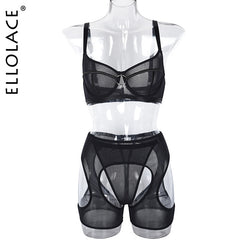 Ellolace Erotic Open Crotchless Sexy Lingerie Bra Sets For Women Garter Belt 3-Piece Delicate Underwear Seamless Exotic Outfits