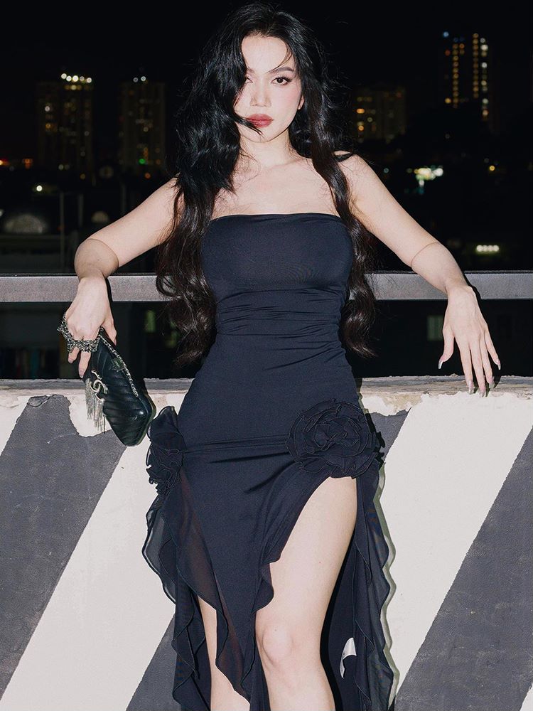 Cryptographic Fringe Sexy Strapless Backless Midi Dress for Women Club Party Frill Hem Sleeveless Slit Dresses Solid Clothes