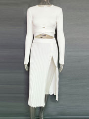 White Knit Two Piece Women Set Ribbed Crop Top And Pleated Knitted Skirt