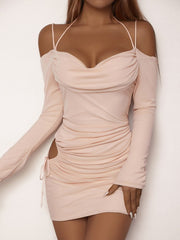 Articat Sexy Halter Shirring Cut Out Long Sleeve Mini Slip Dress Women Lace Up Mesh Swing Collar Hollow Out Wrap Dress Partywear