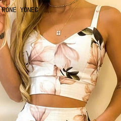 Women Sexy Chic Cami Sleeveless All Over Print Floral Pattern Summer Bodycon Mini Skirt Short Sets